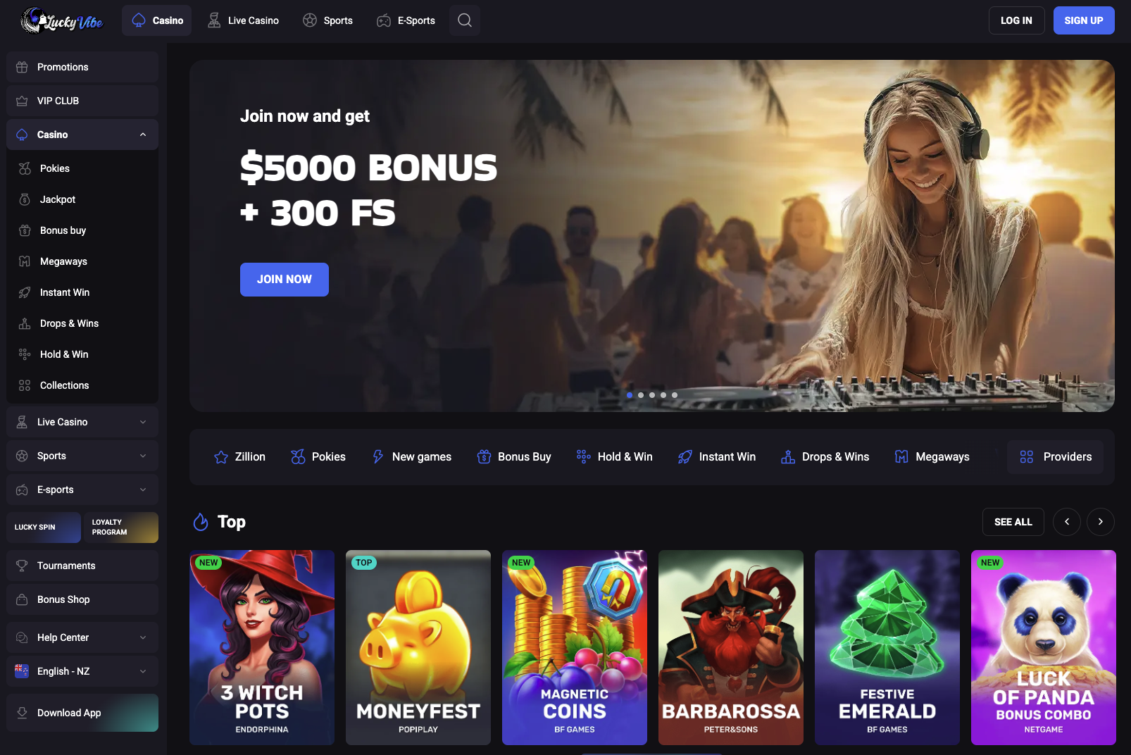 LuckyVibe Casino homepage screenshot